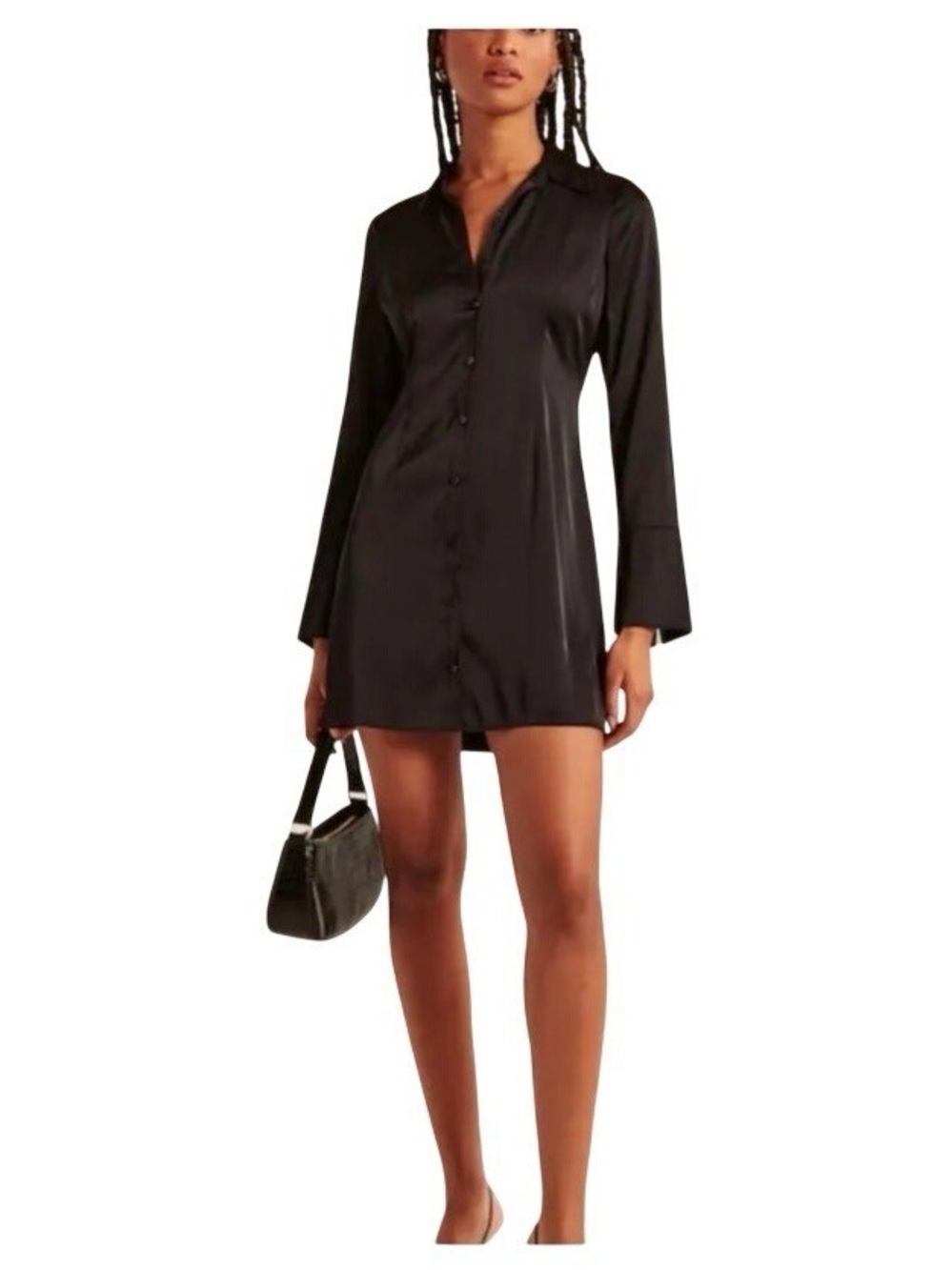 Abercrombie & Fitch Black Long-Sleeve Satin Shirt Dress Button-Down Size Large